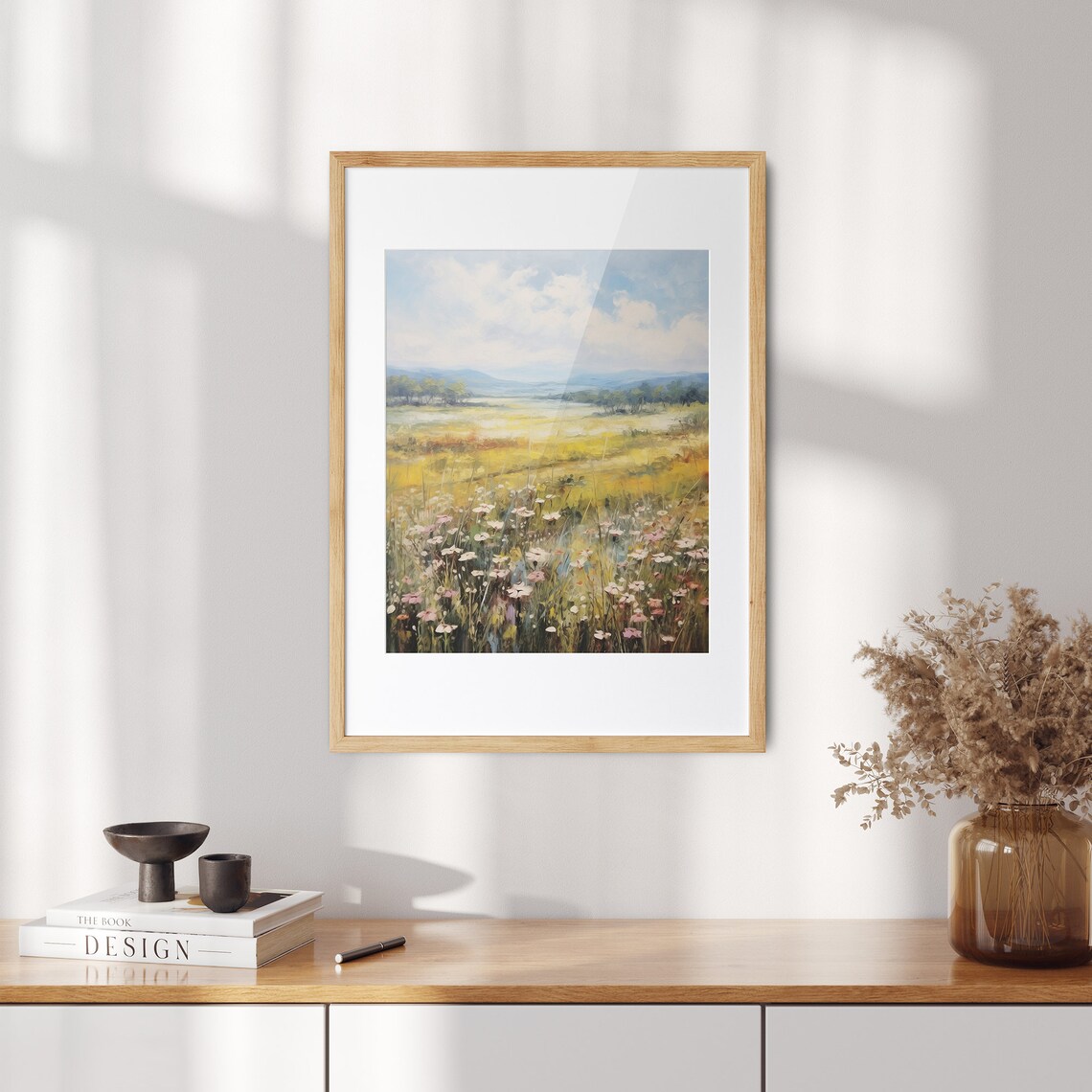 Pink Wildflowers Golden Meadow Mountain Clouds Summer Landscape Poster - Image 2