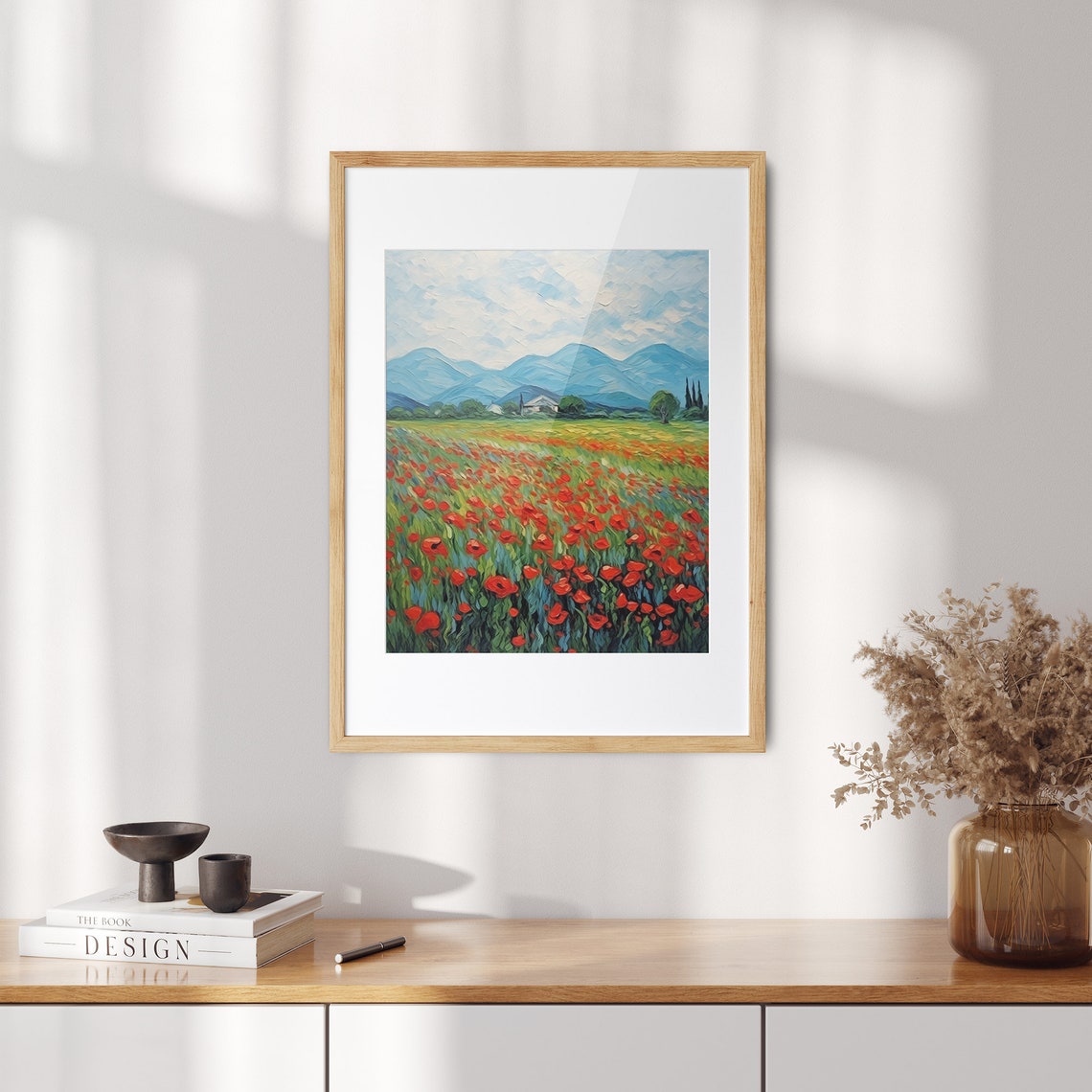 Red Poppy Field with Blue Mountains in Impasto Oil Painting Poster - Image 2