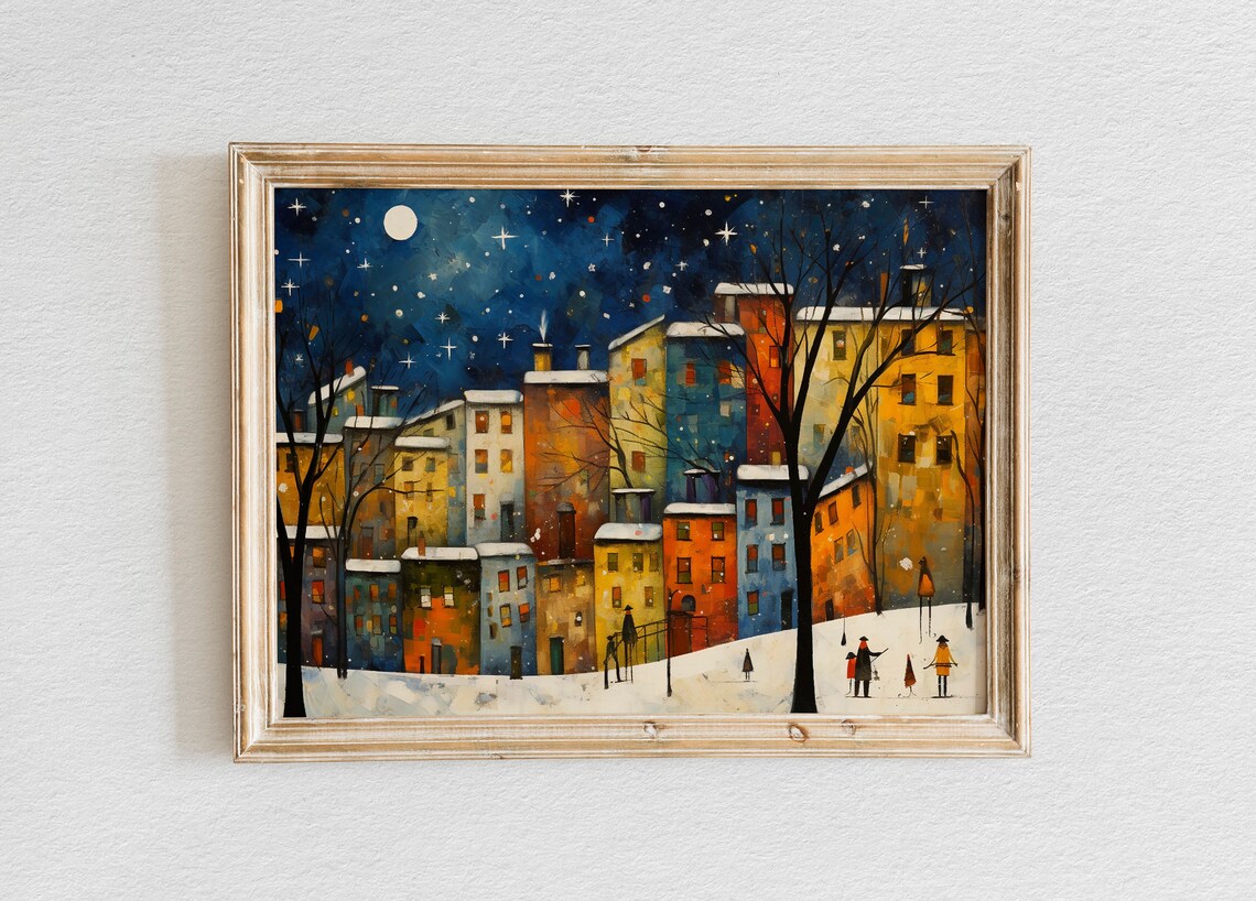 Vibrant Snowy City Skyline of Colorful Buildings on Starry Night Poster