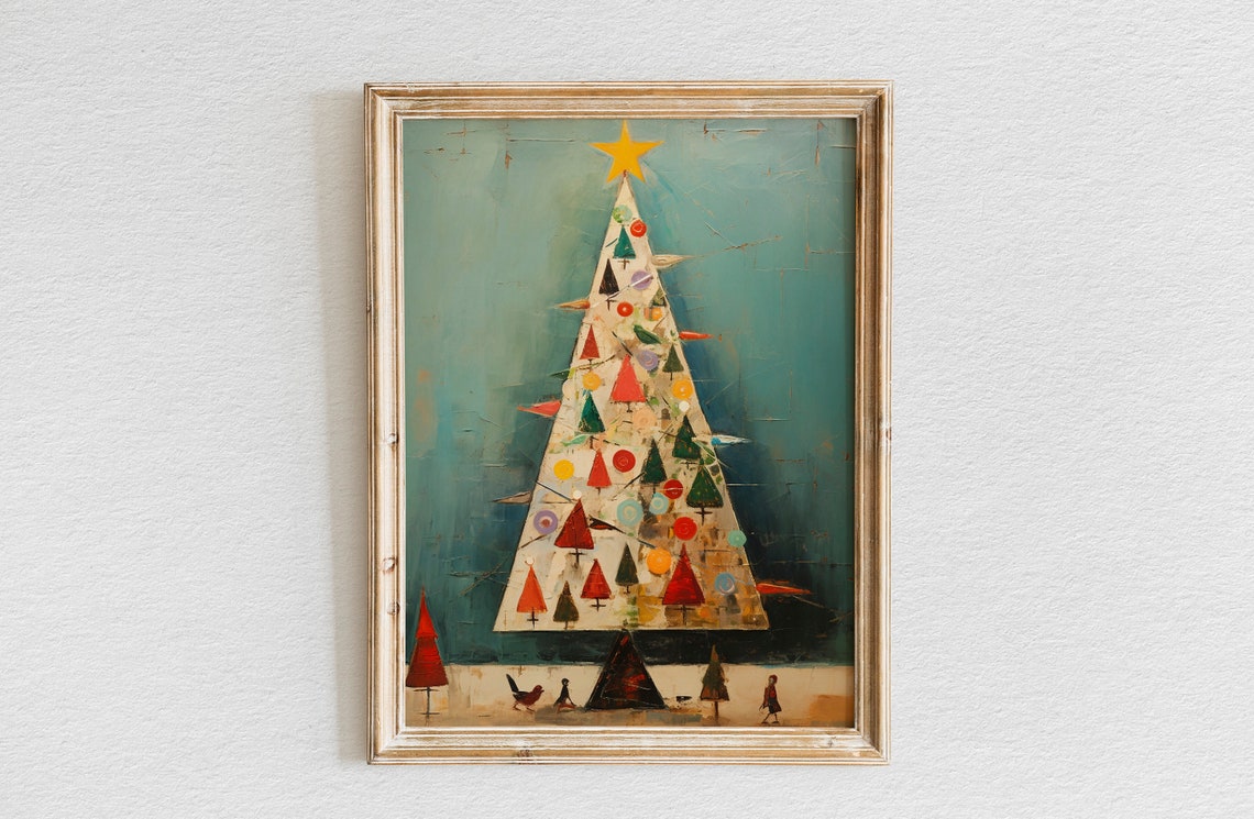 White Christmas Tree Mini Trees Yellow Star Whimsical Holiday Poster