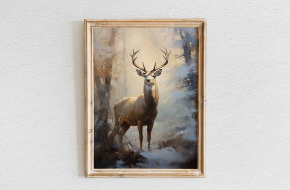 Majestic Stag with Antlers in Misty Snow Dusted Winter Forest Poster