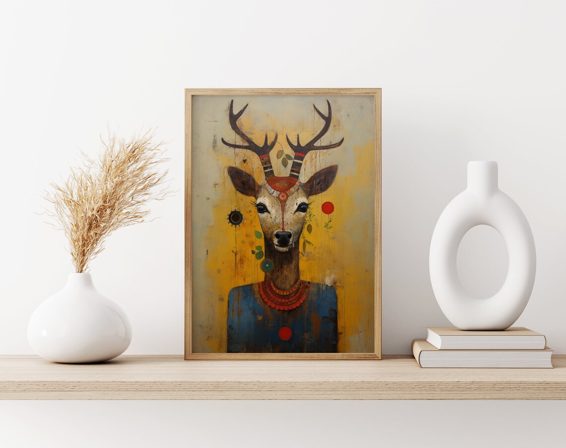 Folk Art Deer Portrait with Tribal Markings and Red Beaded Necklace Poster - Image 3