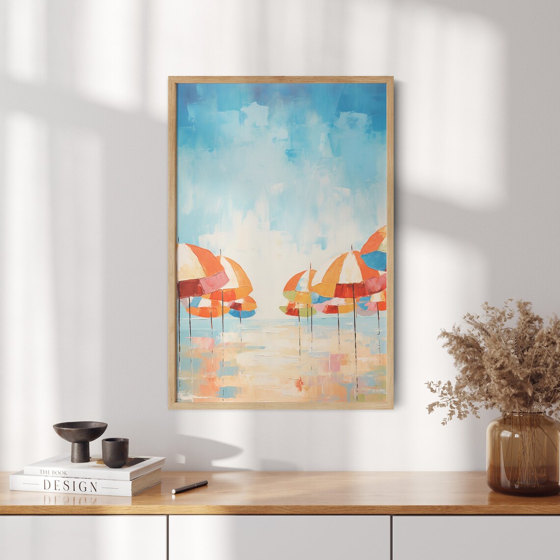 Striped Beach Umbrellas Minimal Coastal Oil Painting Art Poster - Image 2