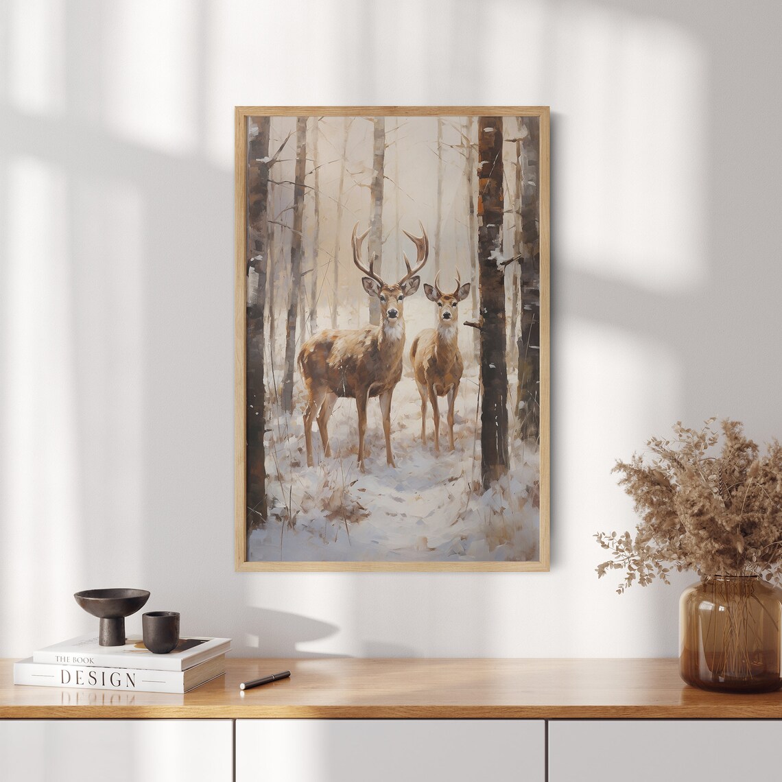 Pair of Deer Standing in Snowy Birch Forest Winter Scene Art Poster - Image 2