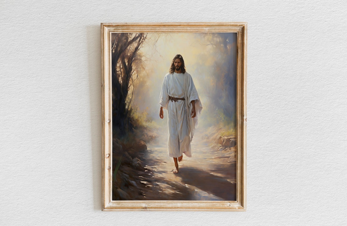 Jesus Walking Barefoot Forest Path Morning Light Christian Art Poster