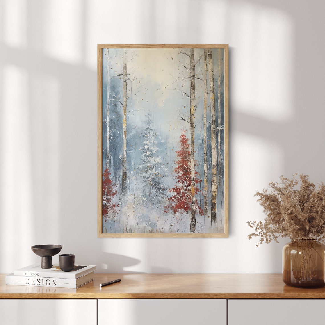 Tall White Birches in Icy Blue Mist with Crimson Red Shrubs Art Poster - Image 2