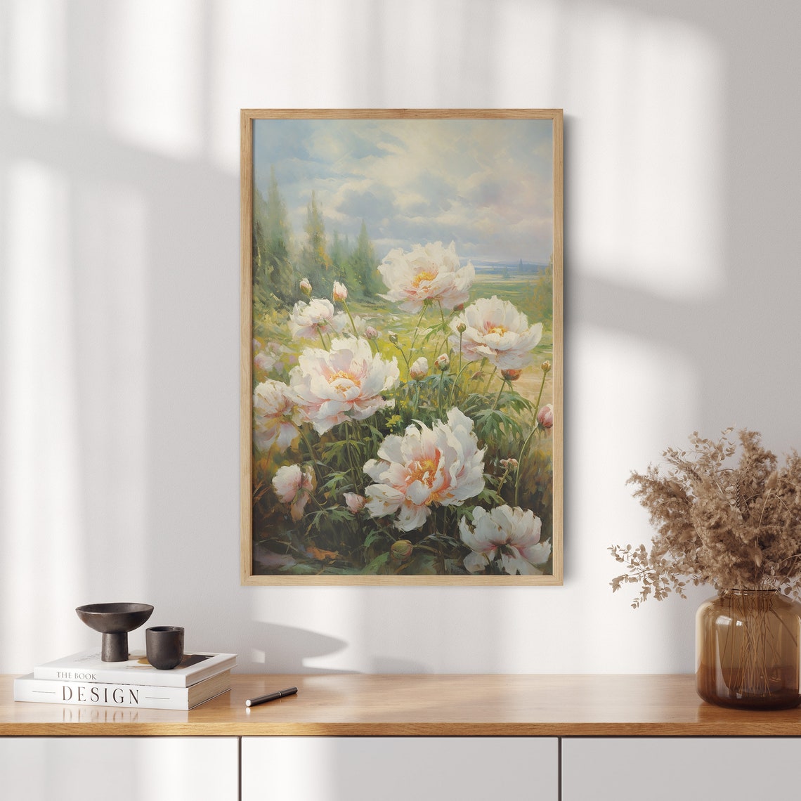 White Peonies Garden Bloom Summer Field Floral Painting Poster - Image 2