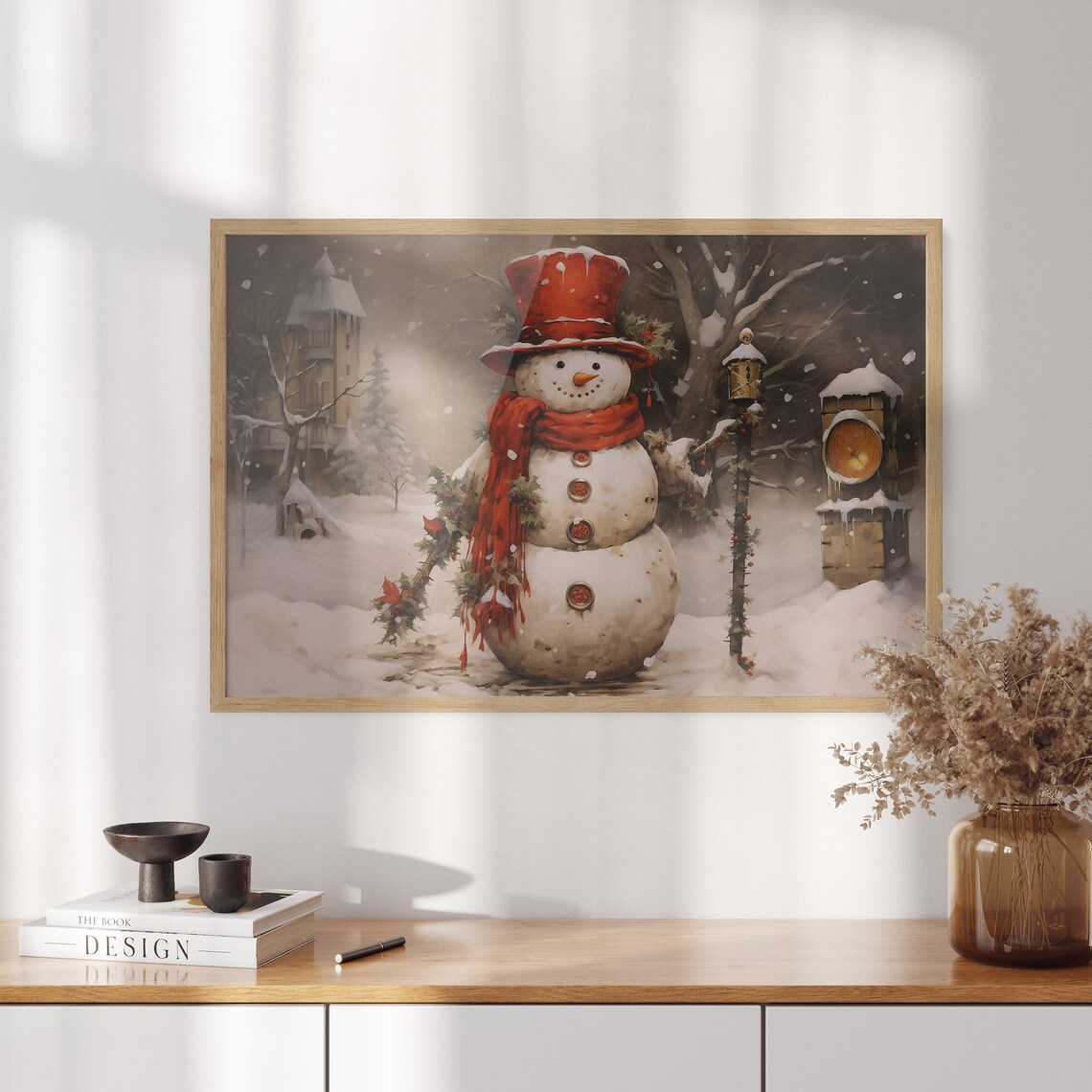 Vintage Snowman in Red Top Hat Snowy Holiday Village Scene Poster - Image 3