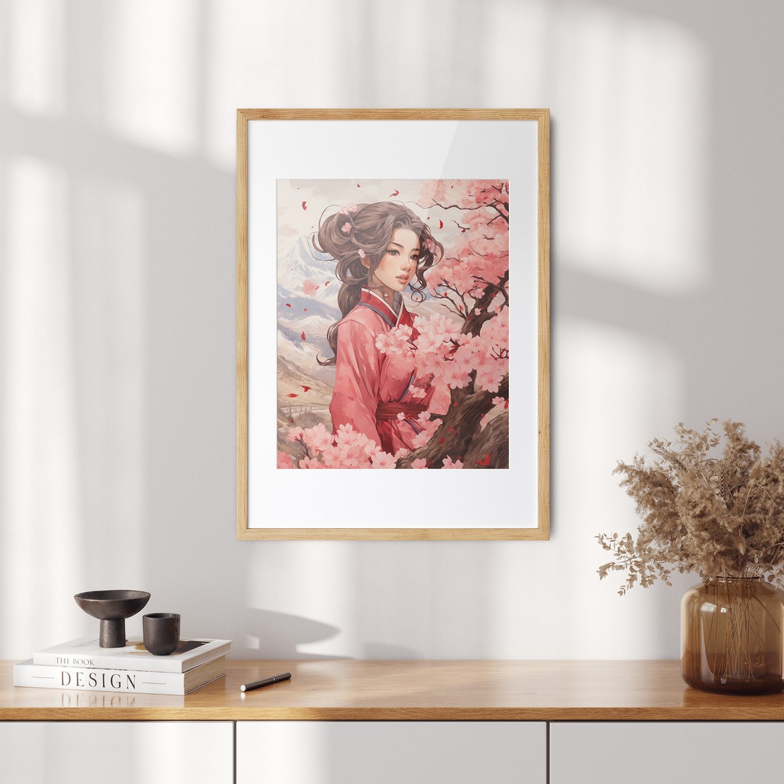 Woman in Pink Kimono Among Cherry Blossoms with Mountains Poster - Image 2
