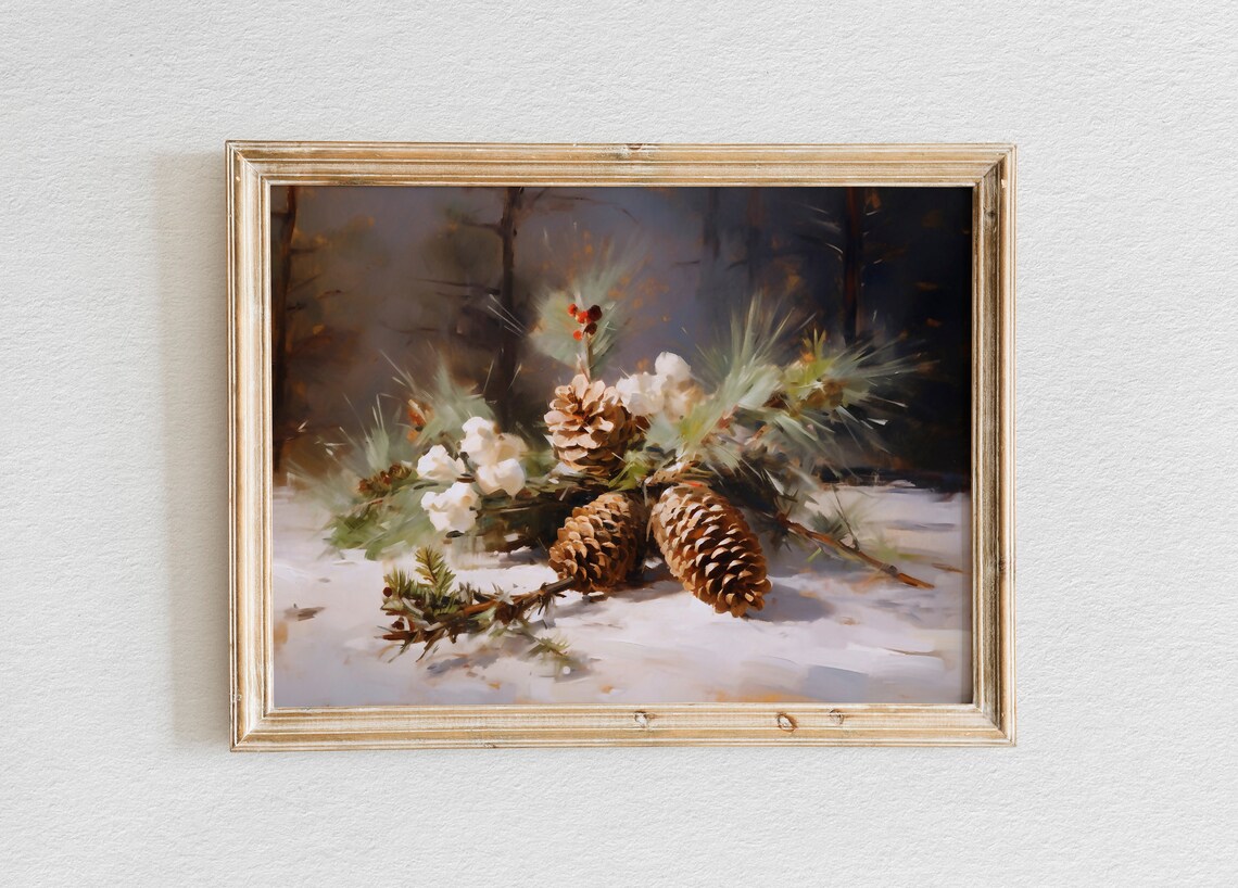 Pinecones Cotton and Frosted Branches in Snow Winter Still Life Poster