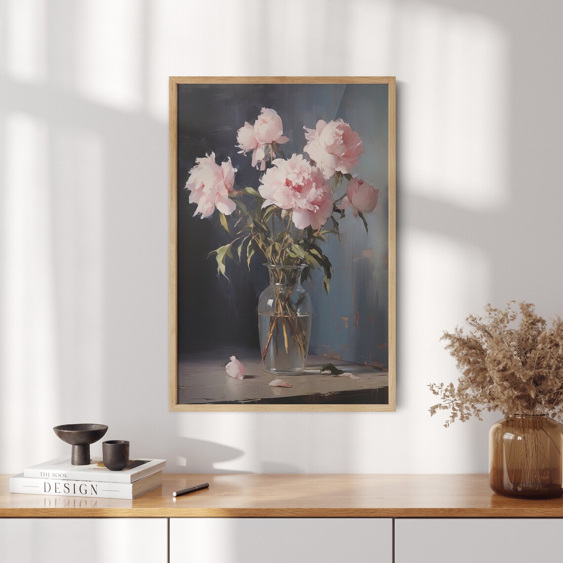 Blush Pink Peonies Glass Vase Moody Floral Oil Painting Poster - Image 2