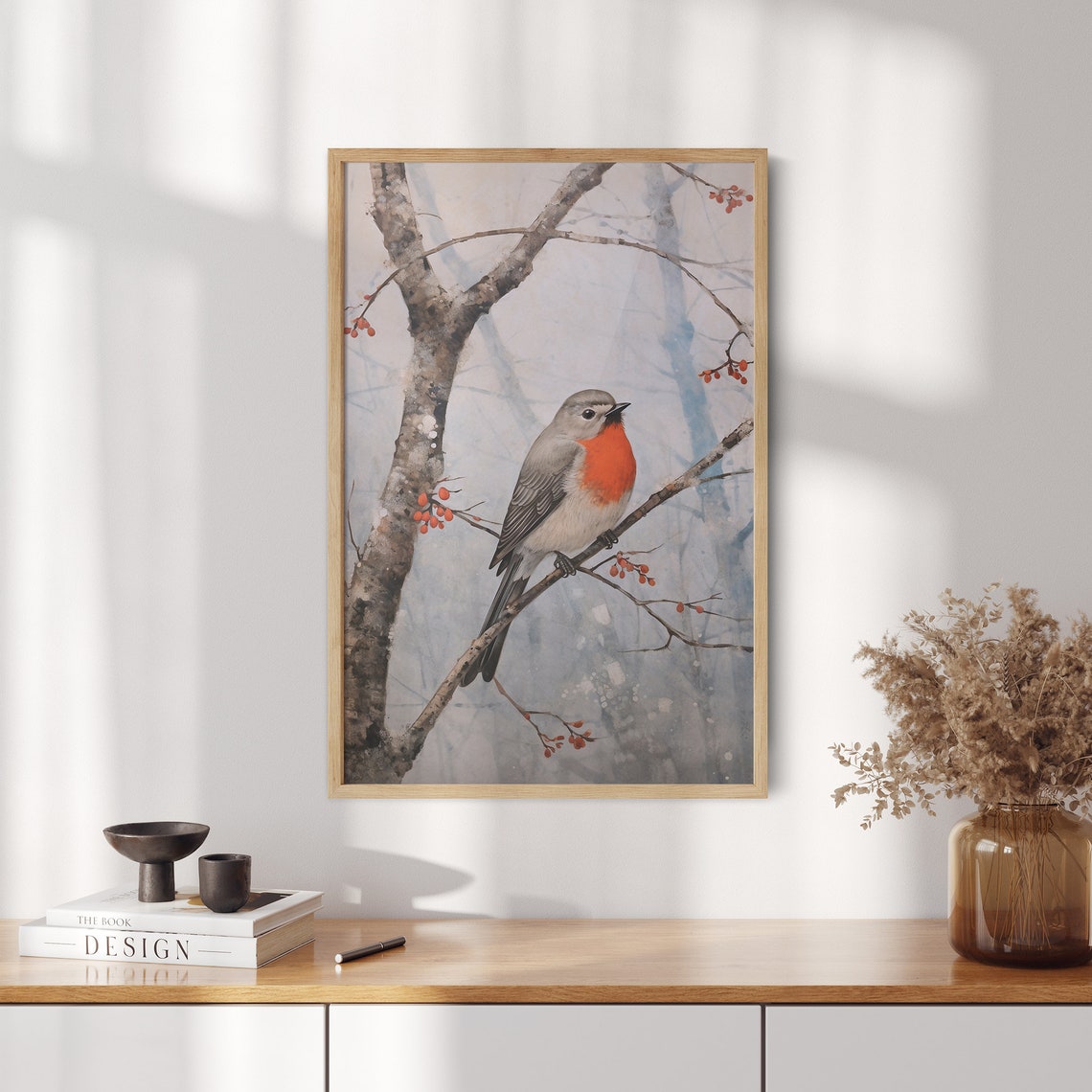 Robin on a Diagonal Branch with Bright Red Winter Berries Poster - Image 2