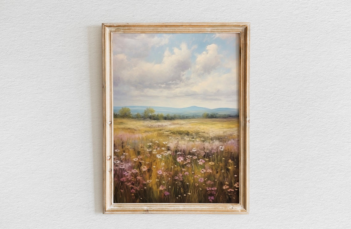 Pastel Wildflower Field With Distant Mountains Cloudy Sky Oil Poster