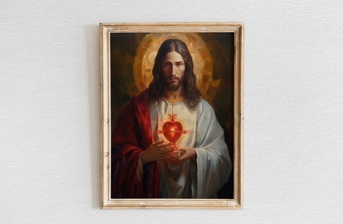 Oil Painting Of Jesus With Sacred Heart Jesus Wall Art Christian Wall Art Jesus Painting Wall Art Jesus Print Bible Verse