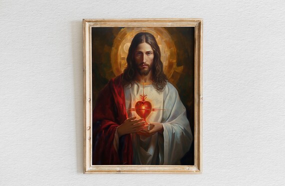 Oil Painting Of Jesus With Sacred Heart Jesus Wall Art Christian Wall Art Jesus Painting Wall Art Jesus Print Bible Verse