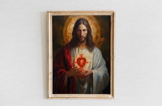 Sacred Heart Jesus in Red Robe With Radiant Heart Golden Halo Poster