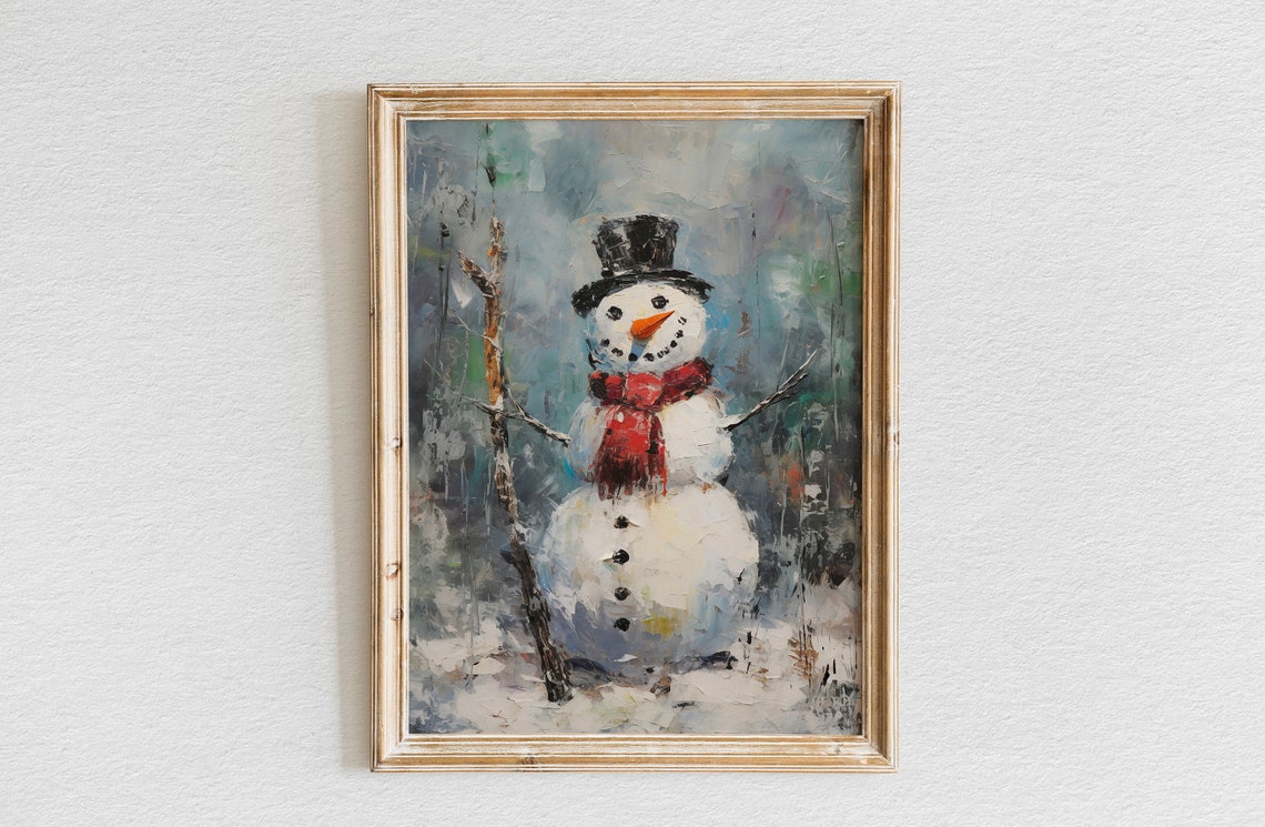 Cheerful Snowman in Black Top Hat and Red Scarf Impasto Winter Poster