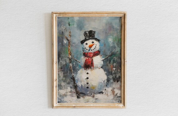 Cheerful Snowman in Black Top Hat and Red Scarf Impasto Winter Poster
