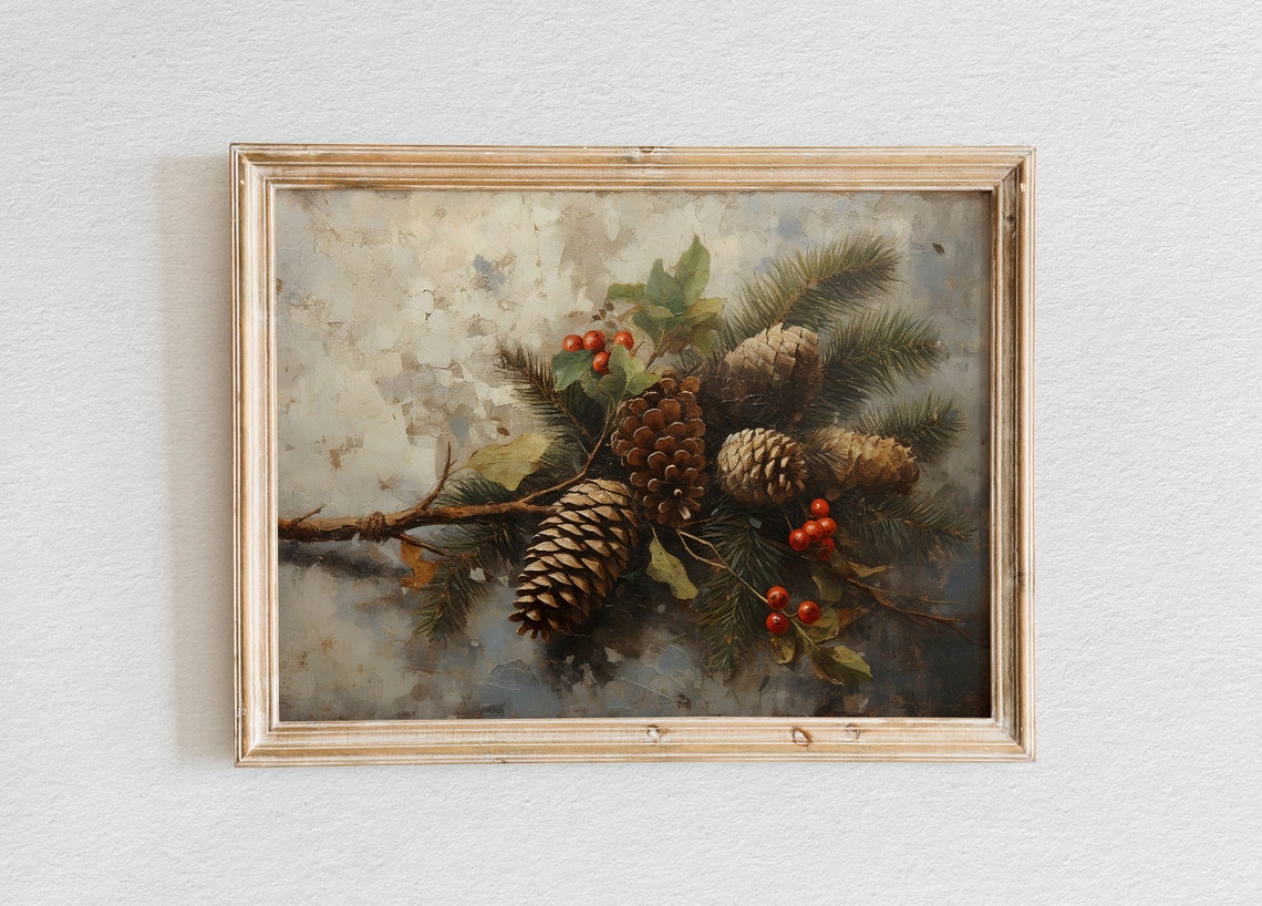 Pinecones Red Berries Evergreen Branch Rustic Winter Still Life Poster
