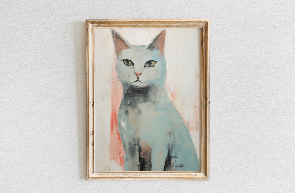 Minimalist Gray Cat Portrait Against a Soft Pink Background Poster