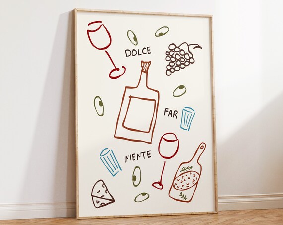 Dolce Far Niente Retro Italian Wine Food Doodle Kitchen Poster