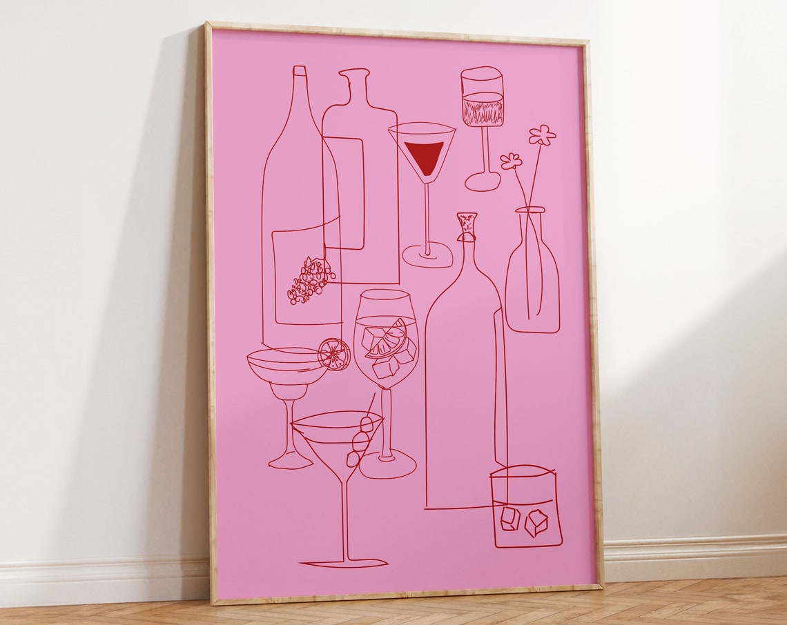 Pink Cocktail Bar Line Art Martini Glass Kitchen Decor Wall Art