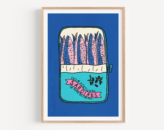 Retro Sardines Tin Art Print Fish Can Food Art Maximalist Kitchen Gallery Decor Vintage Foodie Gift Trendy Mediterranean Seafood Print