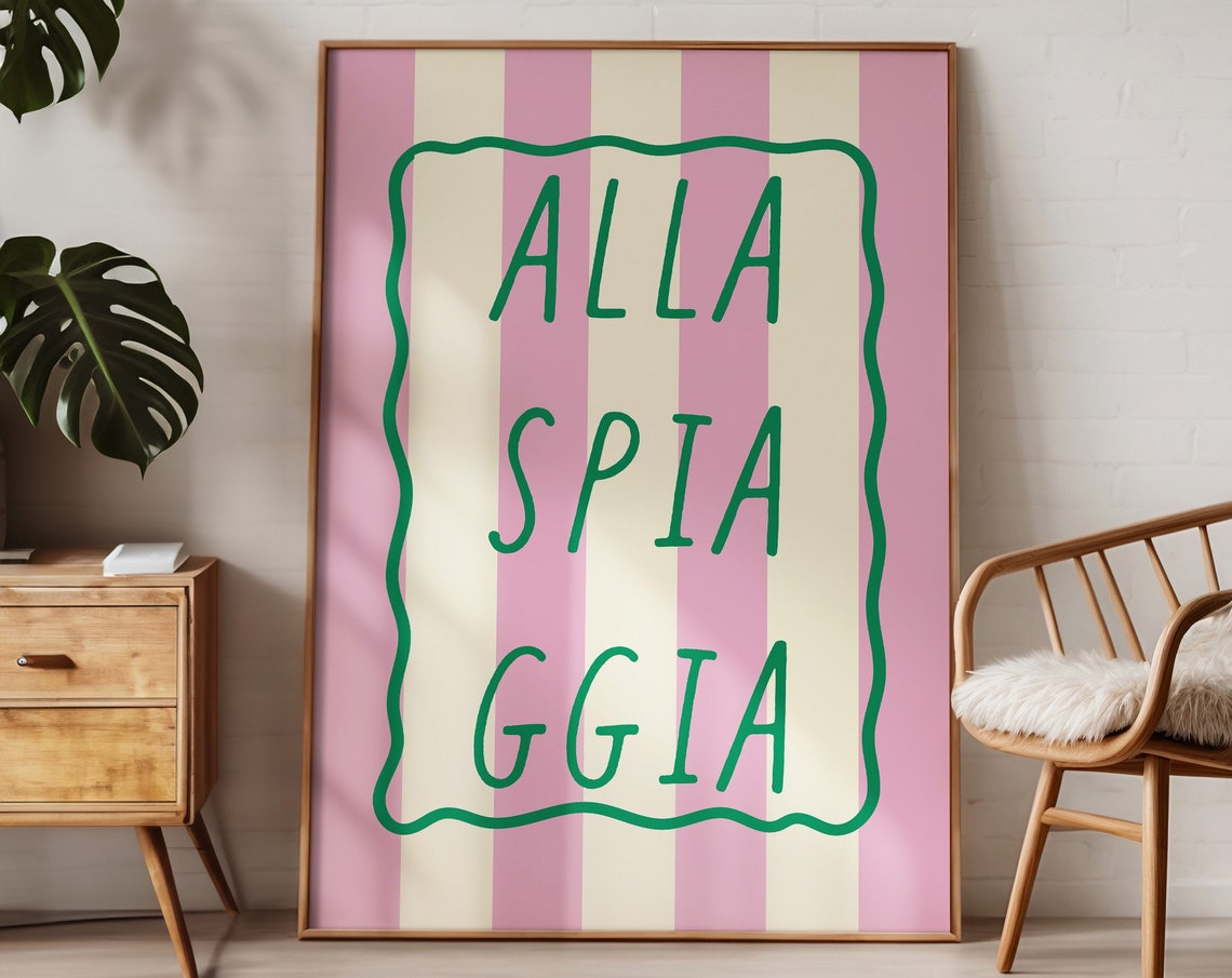 Alla Spiaggia Italian Pink Striped Beach House Typography Poster