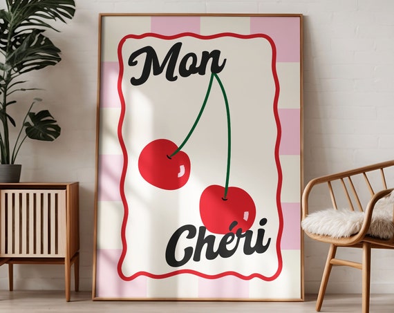 Pastel Pink And Red Mon Cheri Print With Cherries Illustration And Check Pattern Trendy Retro Y2k Poster Coquette Dorm Room Decor Wall Art