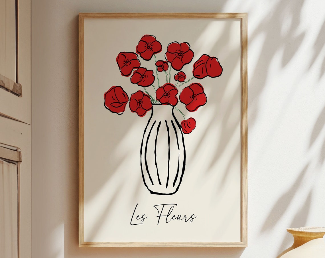 Les Fleurs Red Poppy Vase Minimalist Floral French Art Poster