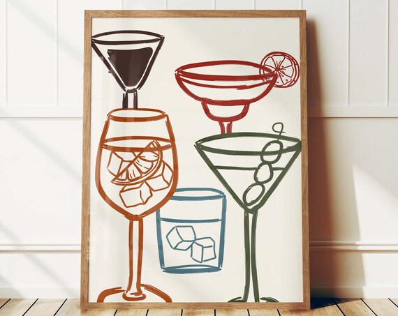 Retro Cocktail Glasses Line Art Martini Margarita Bar Cart Poster
