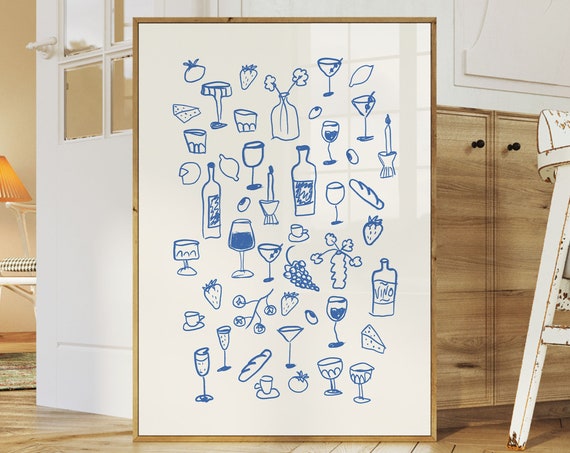 Retro Dinner Table Print Food And Drinks Illustrations Poster Maximalist Kitchen Gallery Wall Art Apartment Decor Bar Cart Art Print