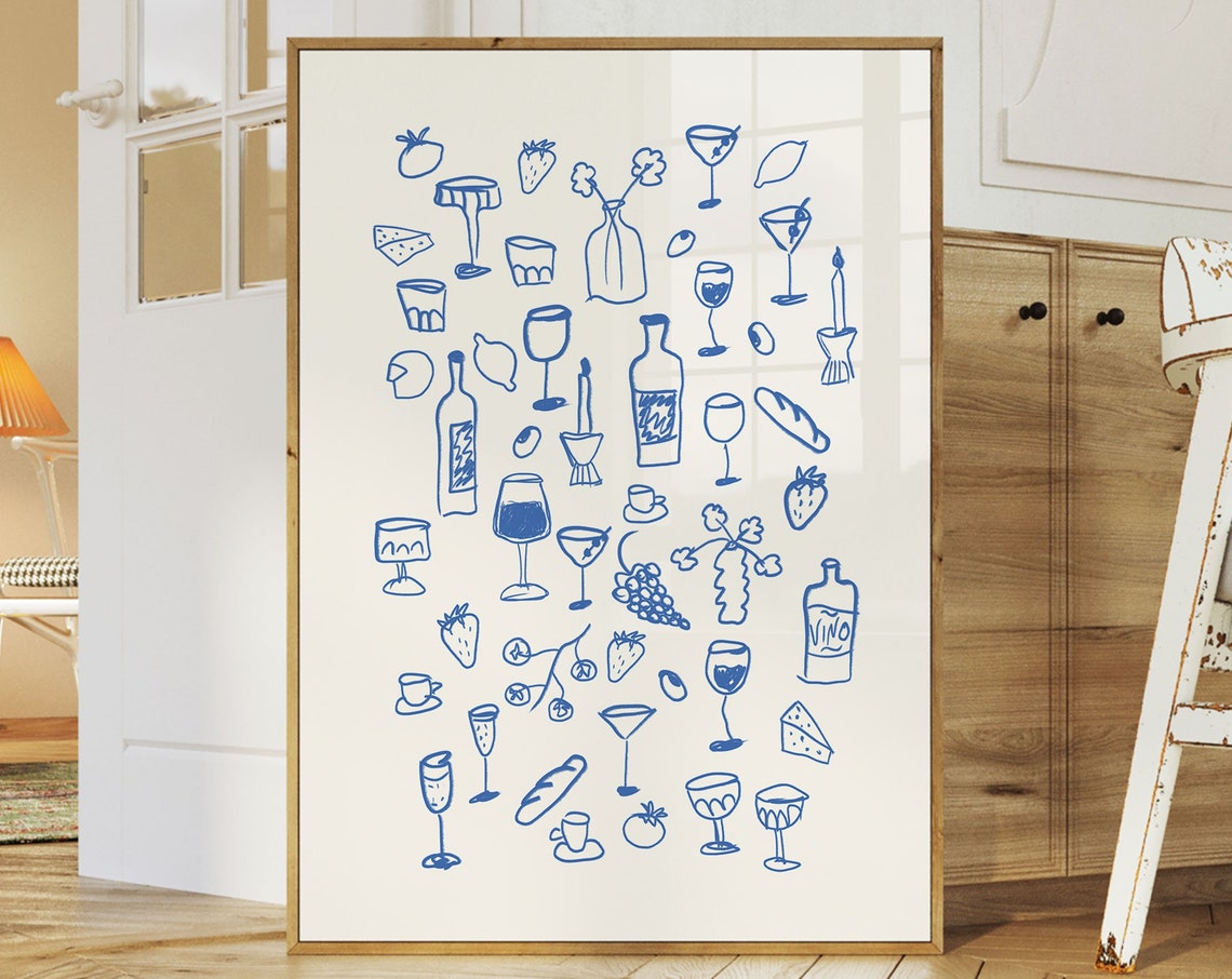 Blue Line Dinner Party Wine Glasses Cocktail Doodle Art Poster