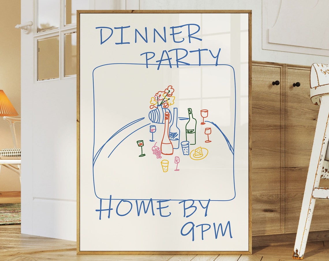 Dinner Party Home by 9PM Funny Line Art Dining Table Art Poster