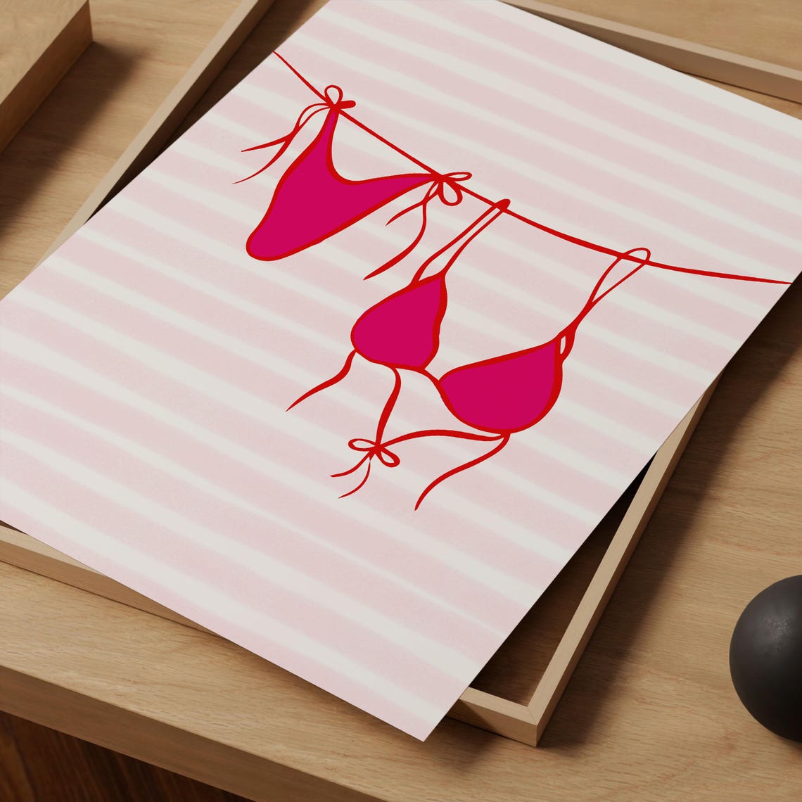 Hot Pink Bikini Clothesline Line Art Cheerful Summer Beach Poster - Image 2