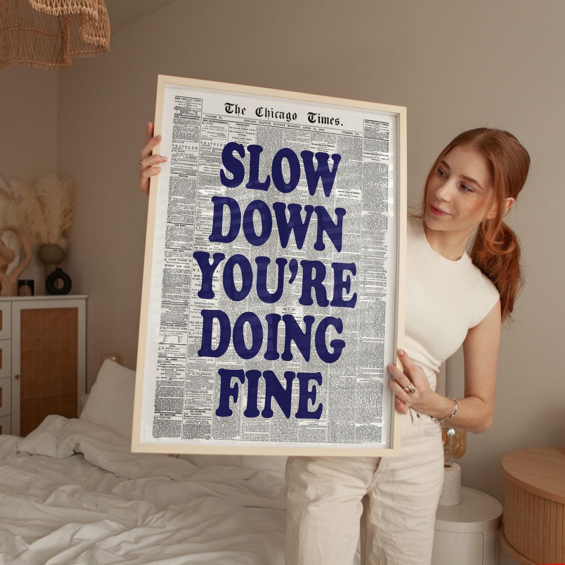 Slow Down You're Doing Fine Navy Retro Chicago Times Quote Print