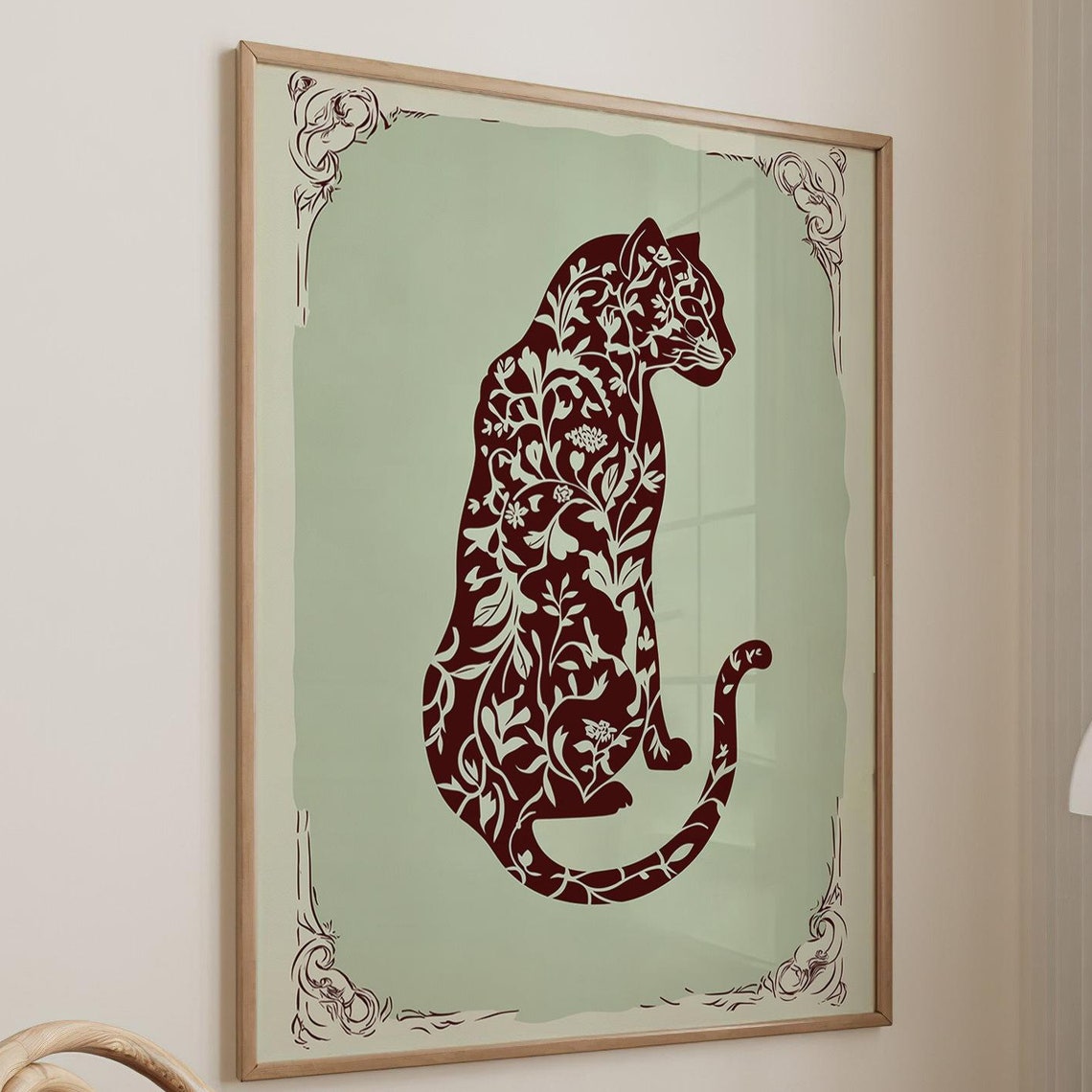 Burgundy Panther Silhouette Floral Pattern Sage Green Art Poster