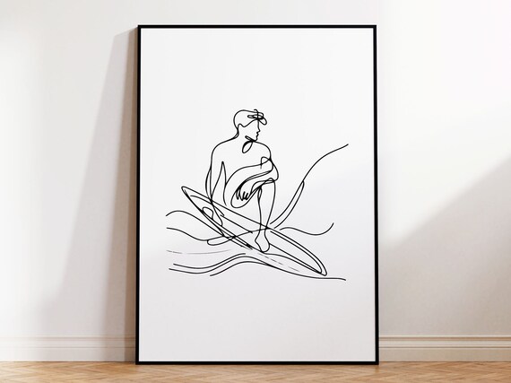 Framed Minimalist Surfing Wall Art For Cool Surfer Gift In Minimalistic Scandinavian Style I Wooden Or Metal Frame Included I Line Art Print