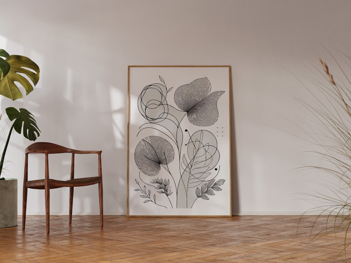 Delicate Black Line Art Botanical Flowers Leaves Minimal Poster