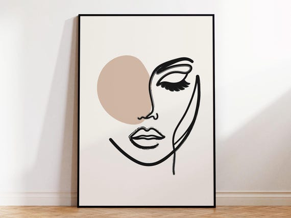 Framed Minimalist Home Wall Art For Stylish Scandinavian Style I Modern Line Art Poster For Luxury Vibe I Rustic Oak Frame Included