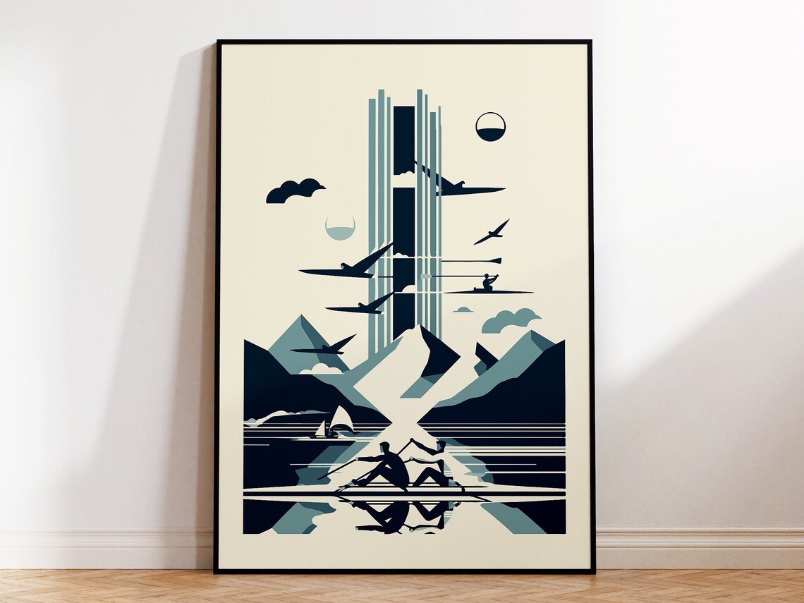 Rowers Mountain Lake Art Deco Navy Cream Vintage Style Sports Poster