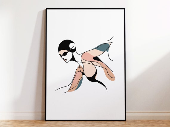 Female Swimmer Portrait Print In Minimalist Abstract Style For Contemporary Sports Wall Art Poster I Swimmer Gift I Wooden Frame Included