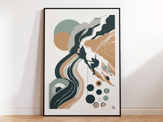 Abstract Mountain Climber Wall Art Print In Pastel Colors For Cool Modern Home I Scandinavian Lifestyle Rock Climber Poster For Climbing Art