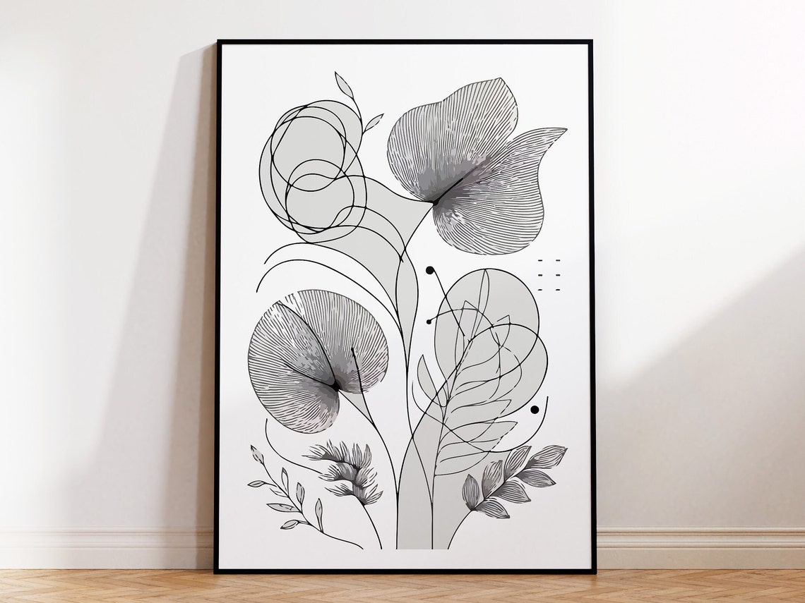 Minimalist Japandi Botanical Line Art Black White Floral Poster