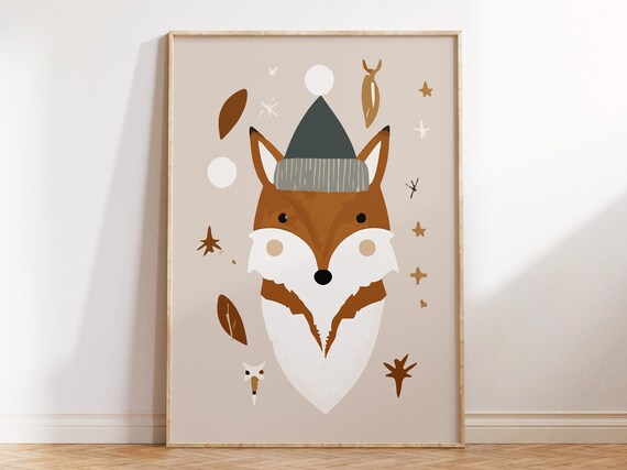 Cute Fox Wearing Beanie Hat Starry Night Kids Nursery Poster