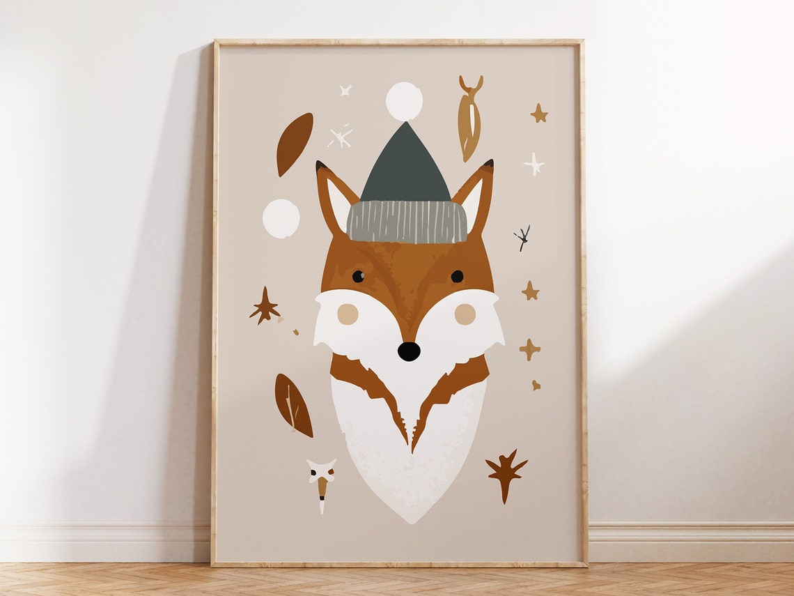 Cute Fox Wearing Beanie Hat Starry Night Kids Nursery Poster