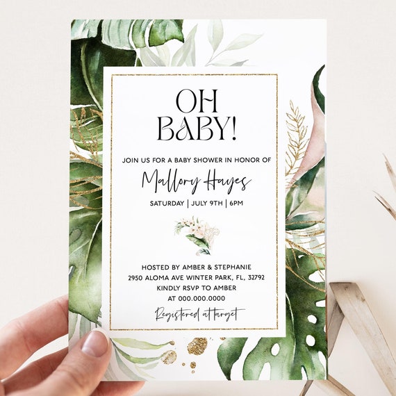 Tropical Baby Shower Invitation Template Oh Baby Baby Shower Invitation Palm Leaf Baby Shower Tropical Greenery Editable Template Tb