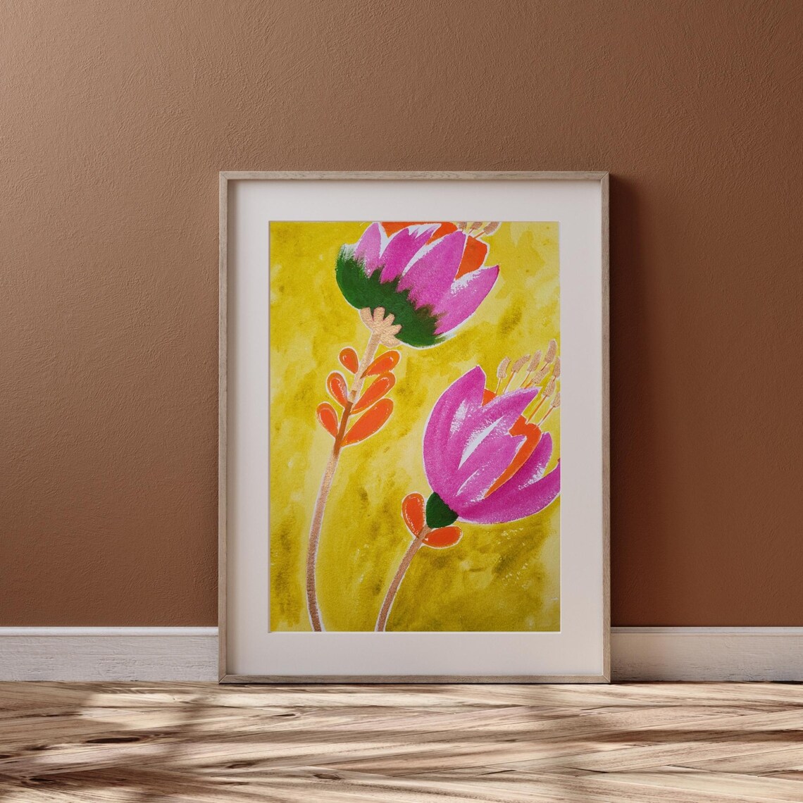 Magenta Tulips On Textured Golden Yellow Floral Painting Poster