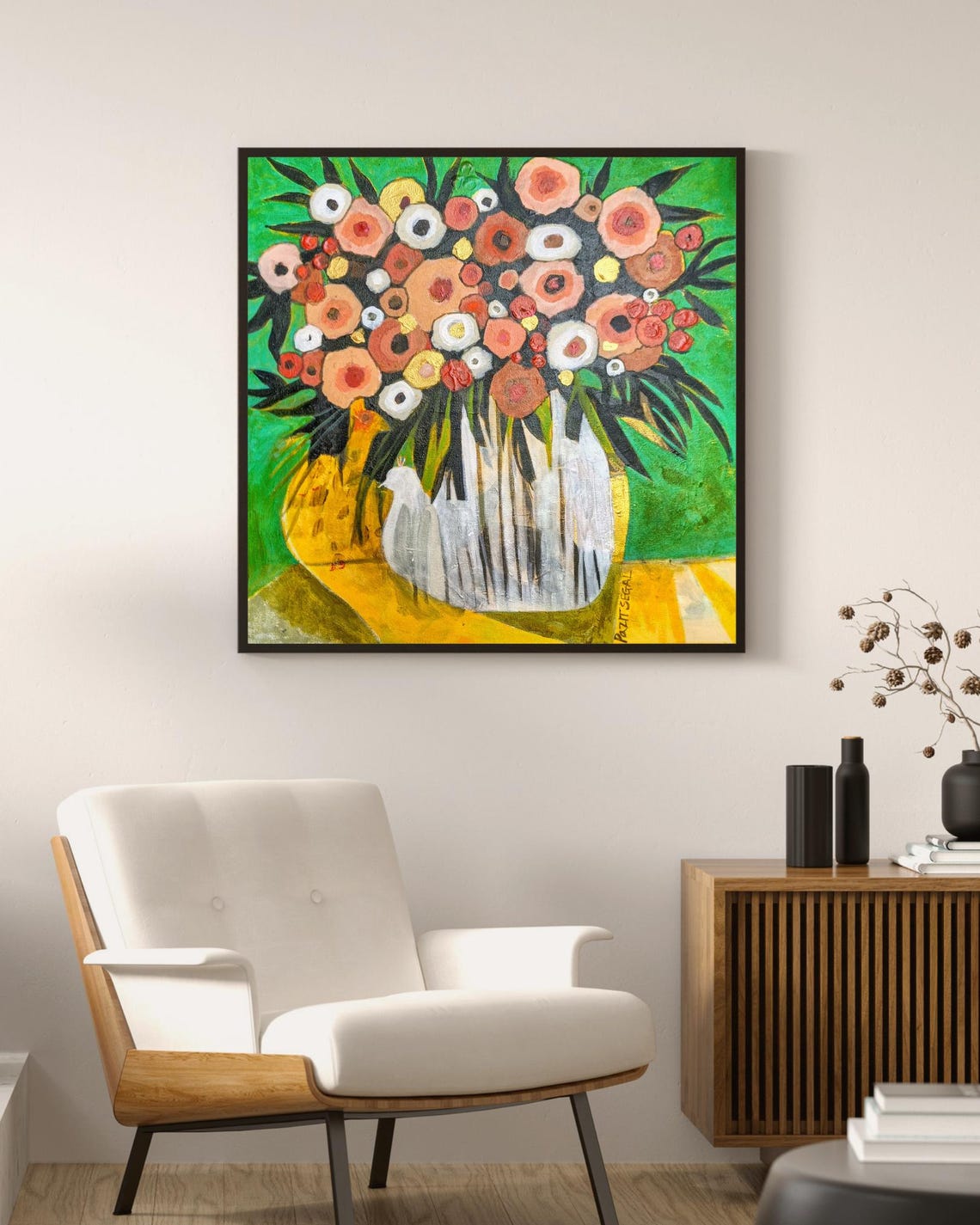 Cheerful Flower Bouquet in Striped Vase Naive Folk Style Art Poster - Image 2