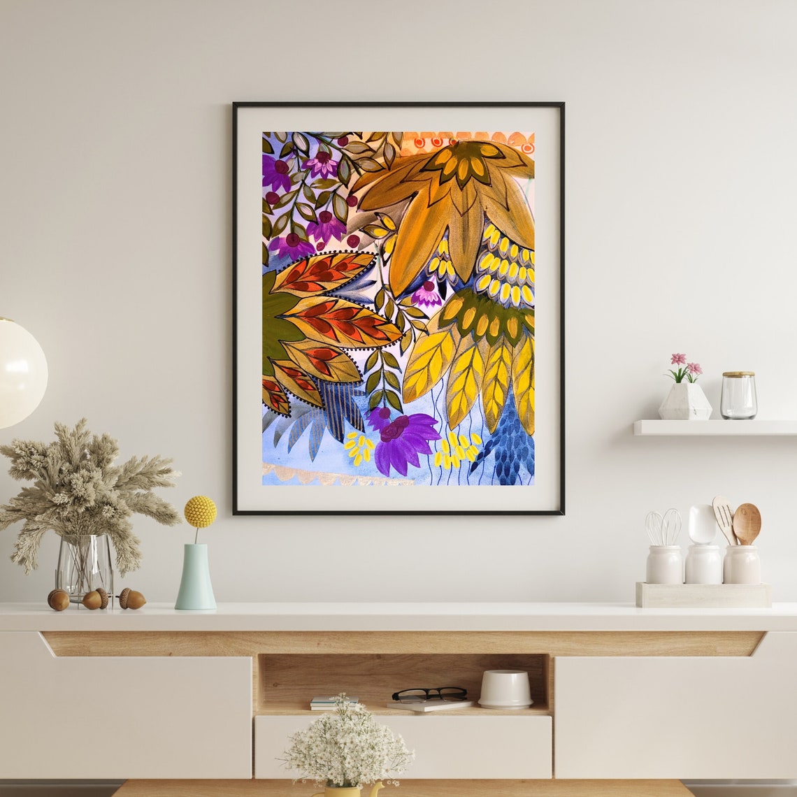 Golden Autumn Leaves and Purple Coneflowers Decorative Art Poster - Image 2